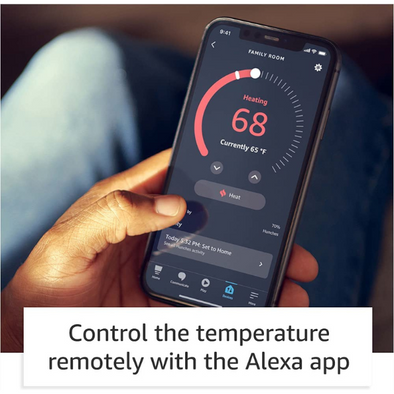 A photo of a person on the Alexa app adjusting their thermostat temperature with a text box below stating "control the temperature remotely with the Alexa app"