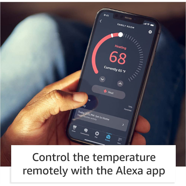 A photo of a person on the Alexa app adjusting their thermostat temperature with a text box below stating "control the temperature remotely with the Alexa app"
