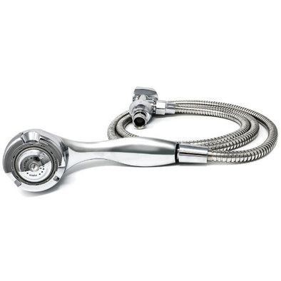 Close-up of the front of the chrome showerhead with the hose and hose connection in background