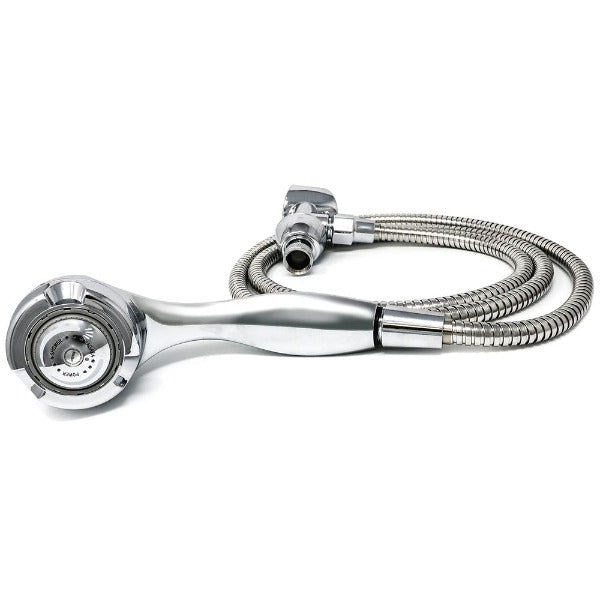 Close-up of the front of the chrome showerhead with the hose and hose connection in background