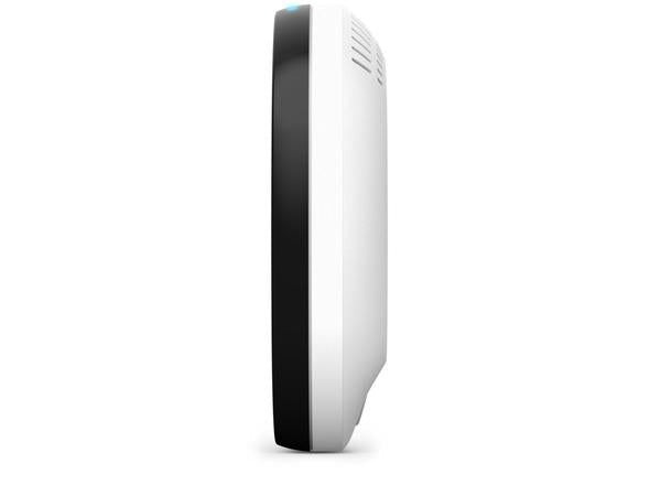 Side view of the thermostat with a 50/50 black and white side and a white back.
