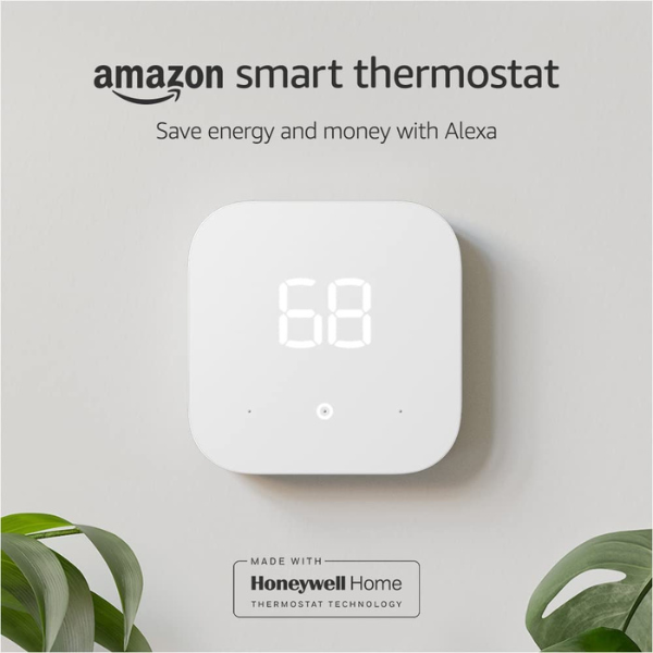 white Amazon smart thermostat showing 68 degrees on tan background with text reading "amazon smart thermostat. Save energy and money with Alexa." Second text box stating "made with Honeywell Home thermostat technology"