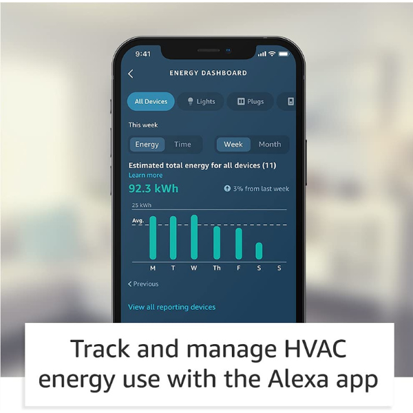 A screenshot of the Amazon energy dashboard app with a text box stating, "Track and manage HVAC energy use with the Alexa app"