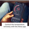 A photo of a person on the Alexa app adjusting their thermostat temperature with a text box below stating "control the temperature remotely with the Alexa app" 