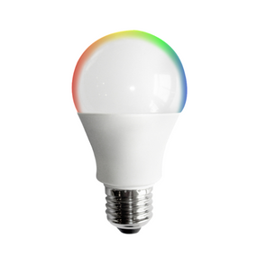 An A19 light bulb with a rainbow halo
