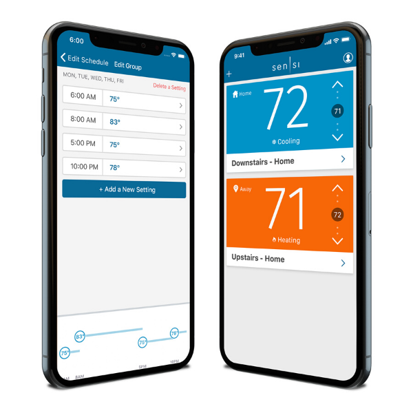 Two smart phones showing the Sensi App