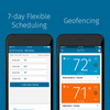 Two smart phones showing the Sensi app and text "7-day flexible scheduling" and "geofencing."