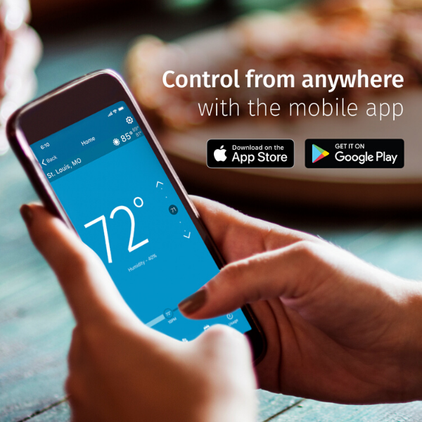 Hands holding a smart phone showing the Sensi app and text "Control from anywhere with the mobile app."