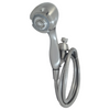 A handshower with a brushed nickel finish. The head has multiple settings and the hose is wound at the side.