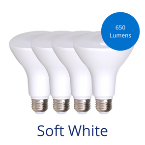 Four BR30 bulbs in Soft white with a burst reading 650 lumens