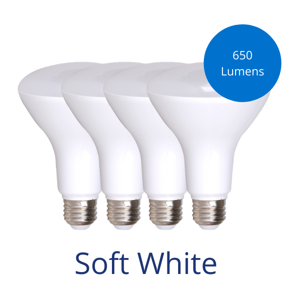 Four BR30 bulbs in Soft white with a burst reading 650 lumens