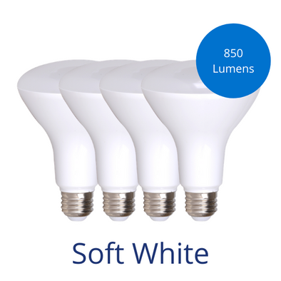 Four BR30 bulbs in soft white with a burst reading 850 lumens