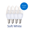 Four clear candelabra light bulbs in soft white with a burst reading 40 watt equivalent