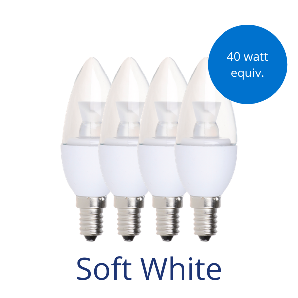 Four clear candelabra light bulbs in soft white with a burst reading 40 watt equivalent