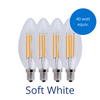 Four filament candelabra light bulbs in soft white with a burst reading 40 watt equivalent