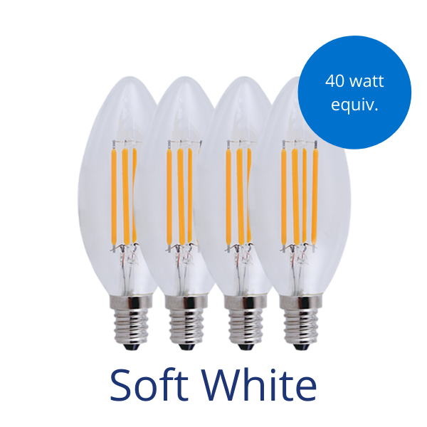 Four filament candelabra light bulbs in soft white with a burst reading 40 watt equivalent