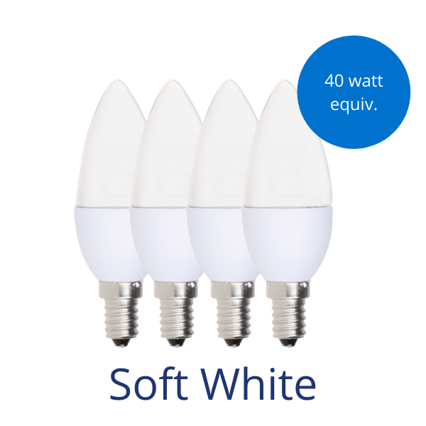 Four frosted candelabra light bulbs in soft white with a burst reading 40 watt equivalent