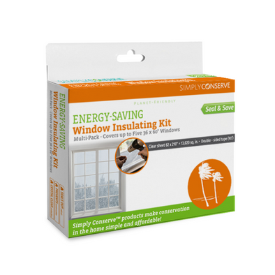A white, orange, and green box reading "Energy Saving Window Insulating Kit. Multi Pack. Covers up to five 36 by 60 inch windows."