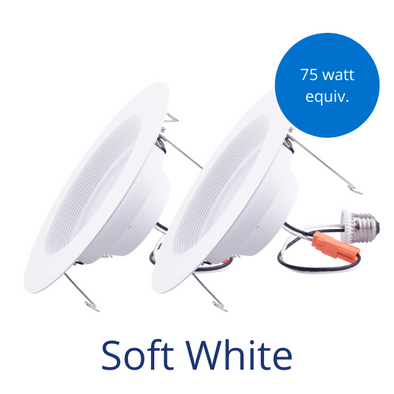 Two downlight retrofit fixtures in soft white with a burst reading 75 watt equivalent