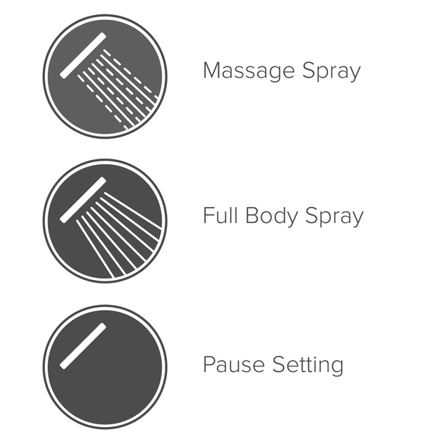 Infographic showing three functions: massage spray, full body spray, and pause setting