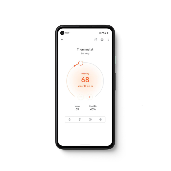 Nest thermostat app user interface showing heating mode set to 68 degrees, indoor temperature of 65 degrees and humidity of 45%.