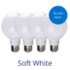 Four globe light bulbs in soft white with burst reading 40 watt equivalent