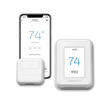 White thermostat and sensor shown with smart phone app controlling the thermostat