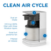 Clean Air Cycle: Dual air intake, h13 HEPA filter with three filtration layers. Quiet but powerful fan. Filtered air release.