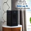 The air purifier on a side table. Measures 13.5 inches (34 cm) tall. Text reads Cleans a room up to 500 square feet in just 30 minutes.