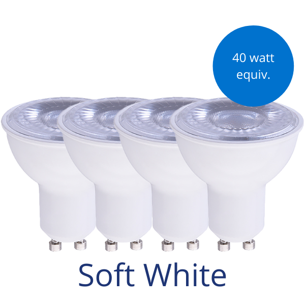 Four MR16 GU10 light bulbs in soft white with a burst reading 40 watt equivalent