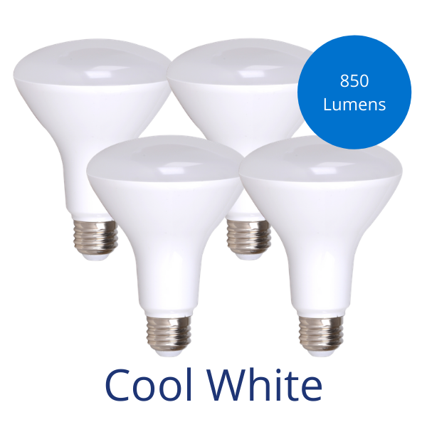 Four BR30 light bulbs in cool white with a bubble reading 850 lumens