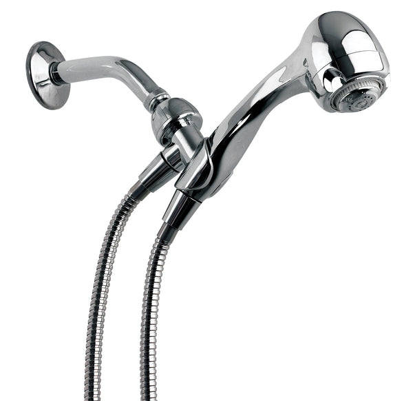 A chrome showehead, shown mounted to the shower arm.