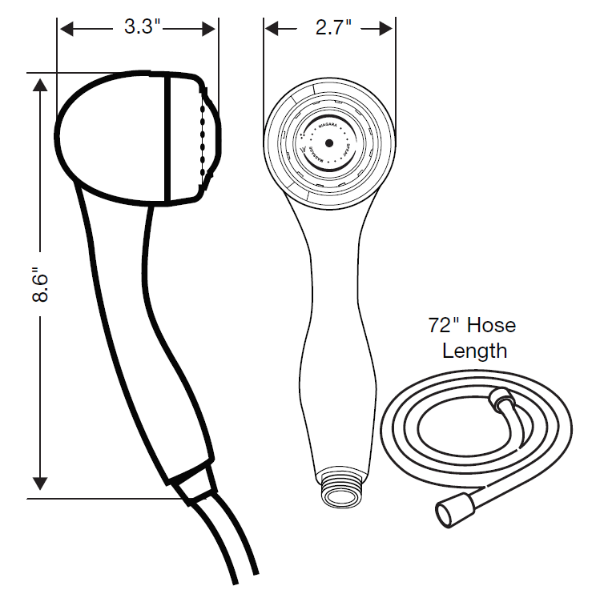 Handshower dimensions: 2.7" wide, 3.3" deep, 8.6" tall, with 72" hose.