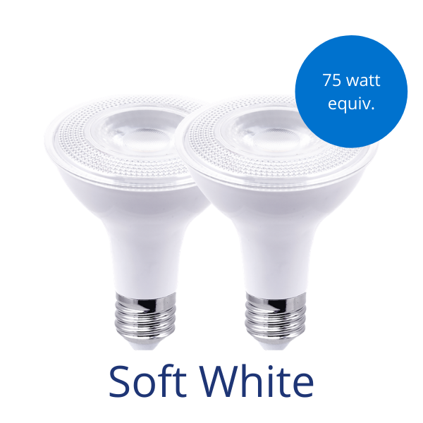 Two Par30 bulbs with a blue burst that reads "75 watt equivalent" and the words "Soft White" at the bottom.