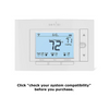Emerson Sensi thermostat with text reading "click on 'check your system compatibility' before you purchase."