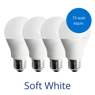 Four standard lightbulbs in soft white with a burst reading 75 watt equivalent