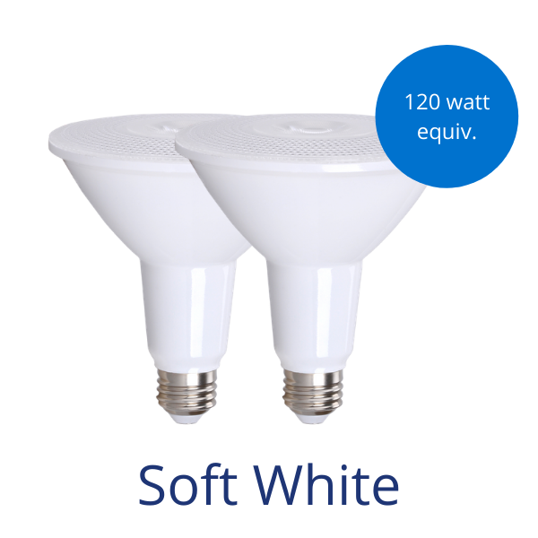 Two Par38 bulbs in soft white with a burst reading 120 watt equivalent