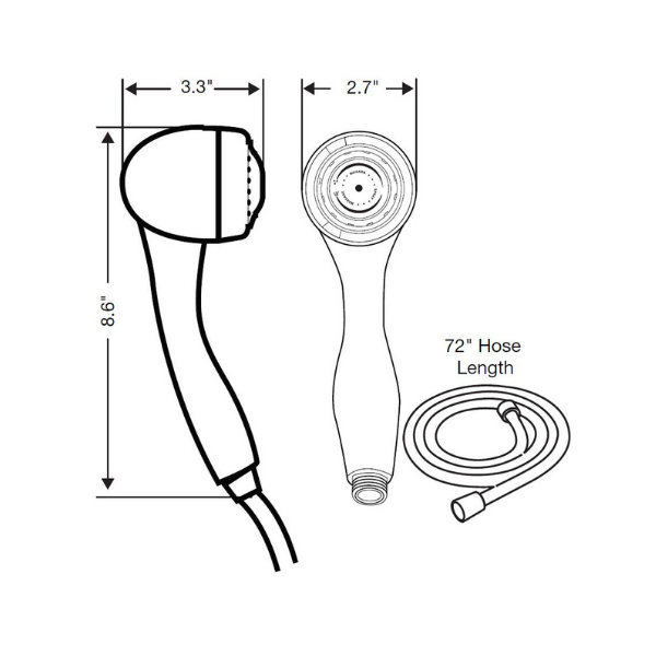 Specs line drawing: The handshower is 8.6 inches long and the head is 2.7 inches wide. The head is 3.3 inches from face to back. The hose is 72 inches long.