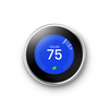 Polished steel Nest Learning Thermostat in cooling mode showing 75 degrees with a blue background