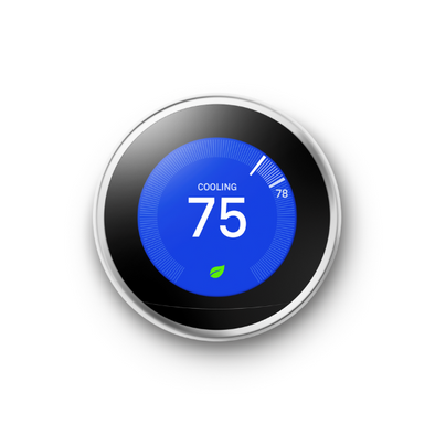 Polished steel Nest Learning Thermostat in cooling mode showing 75 degrees with a blue background