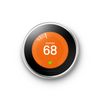 Polished steel Nest Learning Thermostat in heating mode showing 68 degrees with an orange background.