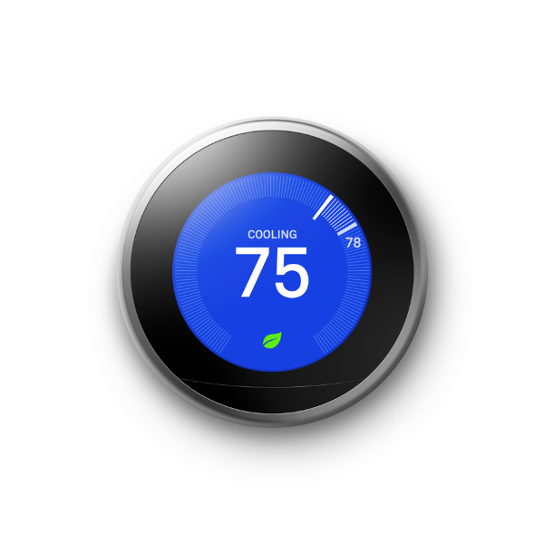 Stainless steel Nest Learning Thermostat in cooling mode showing 75 degrees with a blue background