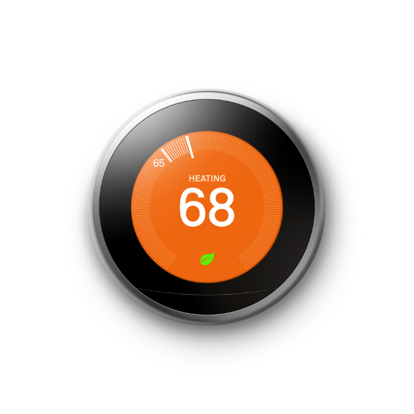 Stainless steel Nest Learning Thermostat in heating mode showing 68 degrees with an orange background.