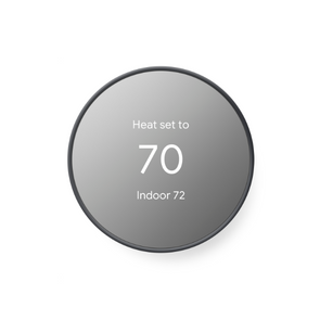 Charcoal Nest Thermostat in heating mode set to 70 degrees, showing indoor temperature of 72 degrees on grey background