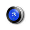 Side angle of a stainless steel Nest Learning Thermostat in cooling mode showing 75 degrees with a blue background