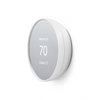 Profile view of a snow colored Nest Thermostat in heating mode set to 70 degrees, showing indoor temperature of 72 degrees on grey background