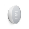 Profile view of a snow colored Nest Thermostat in heating mode set to 70 degrees, showing indoor temperature of 72 degrees on grey background