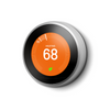 Side view of a stainless steel Nest Learning Thermostat in heating mode showing 68 degrees with an orange background.
