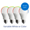 Four standard A19 light bulbs in variable white or color with burst reading 60 watt equivalent 