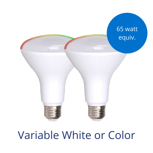 Two BR30 light bulbs in variable white or color with burst reading 65 watt equivalent